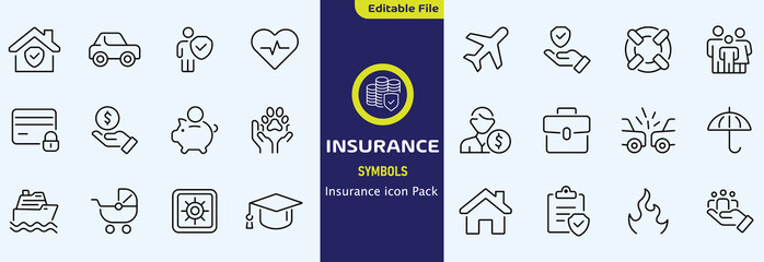 Insurance thin line icons set. Insurance editable stroke symbols collection. Life, car, house, care, money, pet insurance editable stroke icon. Vector illustration