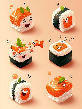 Naklejki Cute sushi characters in various poses