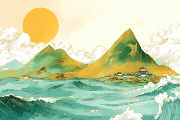 Sunrise over a tranquil Asian landscape. Lush mountains,  a golden sun, and gentle waves on the water
