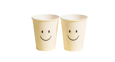 Pair of paper cups with smiley faces isolated on transparent pastel background, symbolizing friendship with soft natural shadows