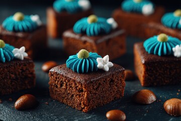 Chocolate brownies with teal frosting flowers