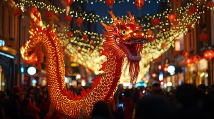 Fototapeta premium Vibrant Red Dragon Dances Through City Street Under Glowing Lanterns At Night