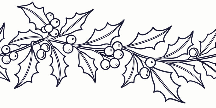 Seamless border design with mistletoe and holly leaves for decoration  