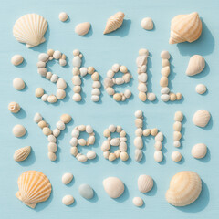 Shell Yeah! Seashell Typography on Blue Background for Fun Summer Vibes
