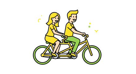 Joyful tandem ride: In a vibrant illustration, a happy couple enjoys a tandem bike ride, embodying the spirit of adventure, partnership, and shared experiences.