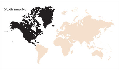 Minimalist North America map-06, Map of North America, highlighted on the world map, North America on the world map, Satellite view, North America's location on the globe.
