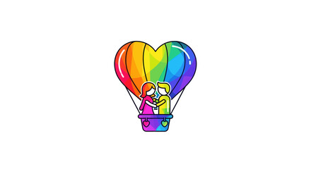 Love in Flight: A radiant illustration of love, with a couple embraced inside a heart-shaped hot air balloon. Soaring through the sky, celebrating the vibrant colors of affection and acceptance.