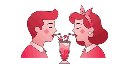Vintage Romance: A retro-style illustration of a young couple sharing a milkshake with two straws, capturing the nostalgia and charm of a bygone era.