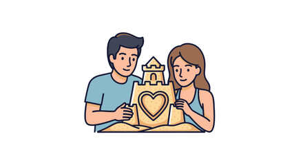 Sandcastle of Love: A couple meticulously crafts a heart-adorned sandcastle, a testament to their shared affection and leisure at the beach, epitomizing a seaside paradise.