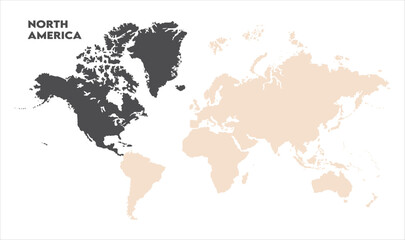 Minimalist North America map-07, Map of North America, highlighted on the world map, North America on the world map, Satellite view, North America's location on the globe.