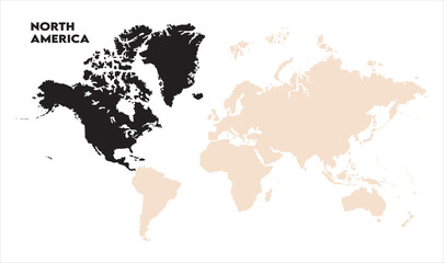 Minimalist North America map-11, Map of North America, highlighted on the world map, North America on the world map, Satellite view, North America's location on the globe.