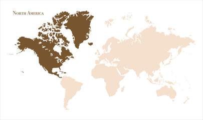 Minimalist North America map-13, Map of North America, highlighted on the world map, North America on the world map, Satellite view, North America's location on the globe.