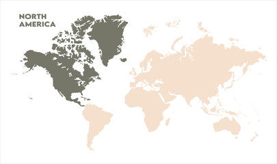 Minimalist North America map-12, Map of North America, highlighted on the world map, North America on the world map, Satellite view, North America's location on the globe.