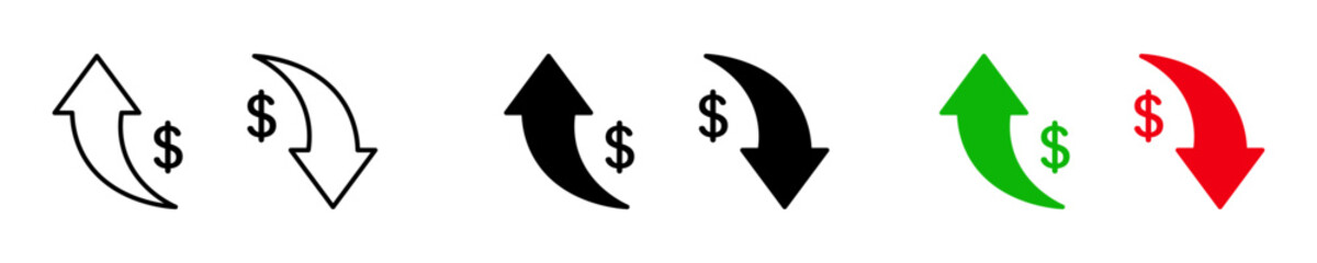 Price trend icons with up and down arrows and dollar symbols representing price increase, decrease, currency movement, and market shifts.