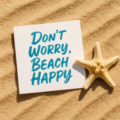 Don't Worry Beach Happy: Uplifting Beach Quote with Starfish on Smooth Sand
