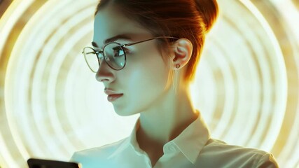 Caucasian businesswoman engaged with technology in a modern workspace during a digital experience, scope scanning over caucasian businesswoman using smartphone - Powered by Adobe