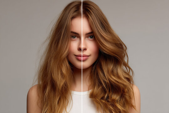 Hair transformation: comparing one side with frizz against the opposite, smooth side after a revitalizing treatment.