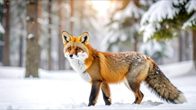 Red fox walking snowy winter forest background