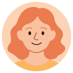Cartoon avatar of smiling young redhead woman with wavy hair isolated on pastel background