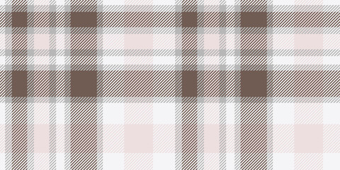 Seamless brown, white, and soft pink tartan plaid pattern with diagonal stripes. Geometric checkered design for fabric, wallpaper, or digital backgrounds. Vector repeatable textile texture.