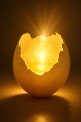Glowing Life: Illuminated Cracked Egg with Warm Light and Abstract Magic
