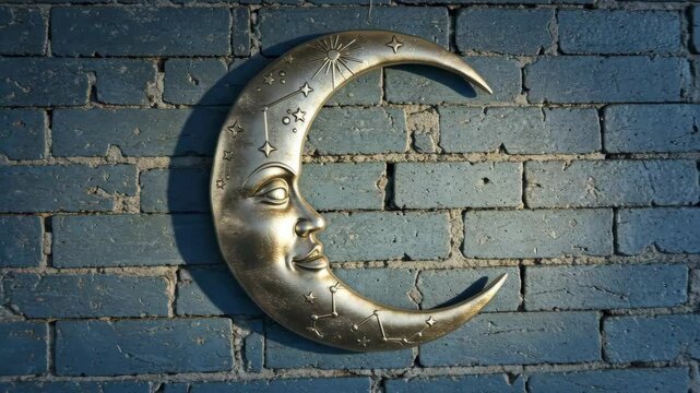 A silver moon face sculpture on a textured blue brick wall.