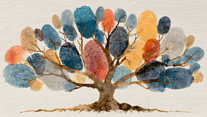 A watercolor illustration of a unique family tree, where the branches and roots are formed by fingerprints. The tree is leafless, symbolizing the family’s lineage and connections