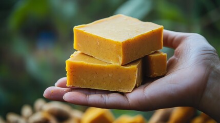 A hand holds three bars of turmeric soap. The background is blurred with greenery, emphasizing skincare.