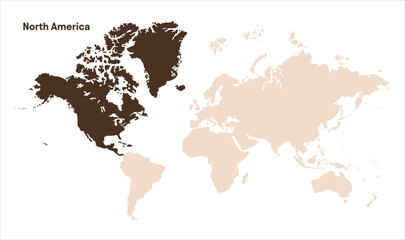 North America in world map-03, Map of North America, highlighted on the world map, North America on the world map, Satellite view, North America's location on the globe.