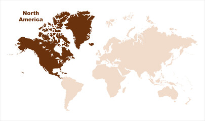 North America in world map-05, Map of North America, highlighted on the world map, North America on the world map, Satellite view, North America's location on the globe.