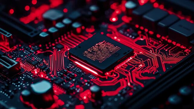 Computer code processing displayed on a dark circuit board with red accents and glowing components, computer code processing on black and red background