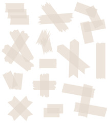 Set of beige semi-transparent washi tapes isolated on white. Tapes collection in vector. Pieces of decorative tape for scrapbooks. Torn paper