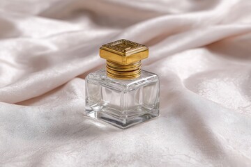 Small, square glass perfume bottle with gold cap on pale pink silk