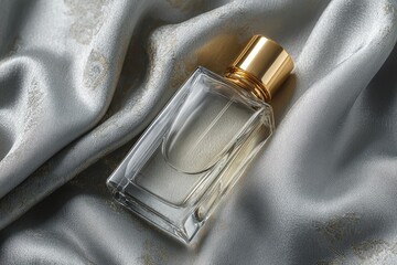 Rectangular perfume bottle on draped, light gray fabric