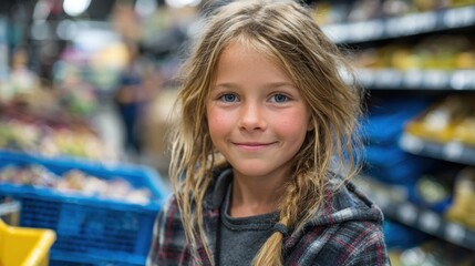 In a lively grocery store, a young girl with long, wavy hair stands smiling at the camera. She is surrounded by shelves filled with products, showcasing a vibrant shopping atmosphere.
