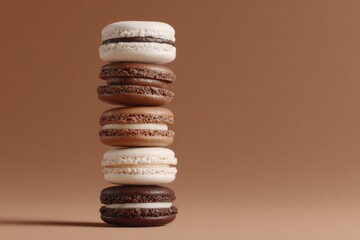 Stacked macarons in various shades of brown and white against a muted brown background.  Five delicate, colorful macarons form a vertical stack, showcasing their smooth, rounded forms.