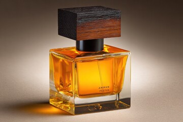 Amber perfume bottle, square, glass, wooden cap