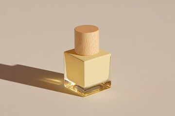 A pale yellow, square bottle with a light beige wooden cap, set on a neutral background