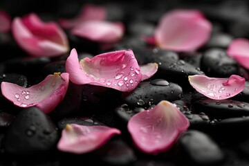 Delicate pink rose petals on dark stones, water droplets