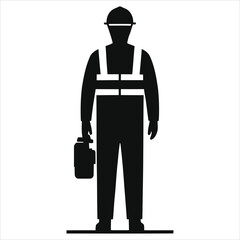 ( Safety Inspectors)Vector Silhouette of a worker in safety gear./A simple, black silhouette of a worker wearing a safety helmet and high-visibility vest, and carrying a tool bag.