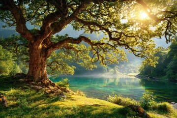 Majestic tree by tranquil lake at sunrise