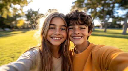 Naklejka premium Cheerful Young Boy and Girl Posing for Selfie in Green Park with Warm Sunlight