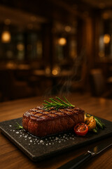 Juicy Grilled Ribeye Steak Served on Slate Board in Upscale Steakhouse
