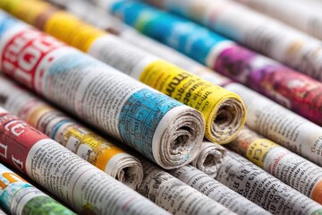 Rolled newspapers of various colors and patterns