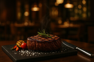 Perfectly Grilled Ribeye Steak on Slate Plate with Rosemary and Veggies
