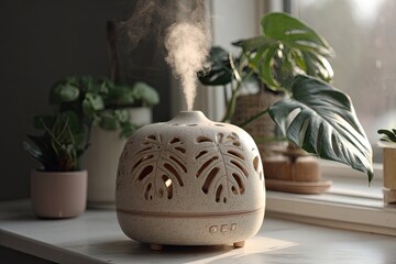 Cream-colored diffuser, steam rising, plants