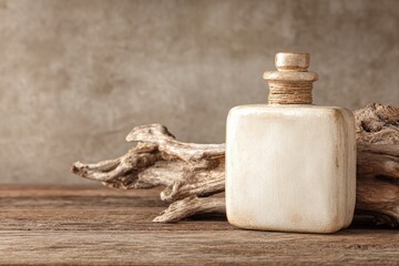 Creamy bottle on rustic wood with driftwood