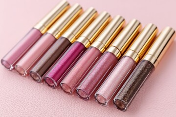Row of tinted lip glosses in various shades of pink, mauve, and brown