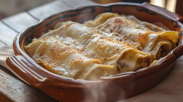 Tacos de canasta in dish on the table with smoke around