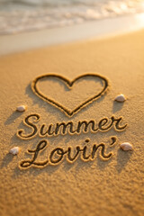 Summer Lovin’ Heart Written in Beach Sand Surrounded by Seashells at Sunset
